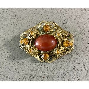 Vintage Victorian Revival Filigree Pin Brooch with Prong Set Amber Stones
